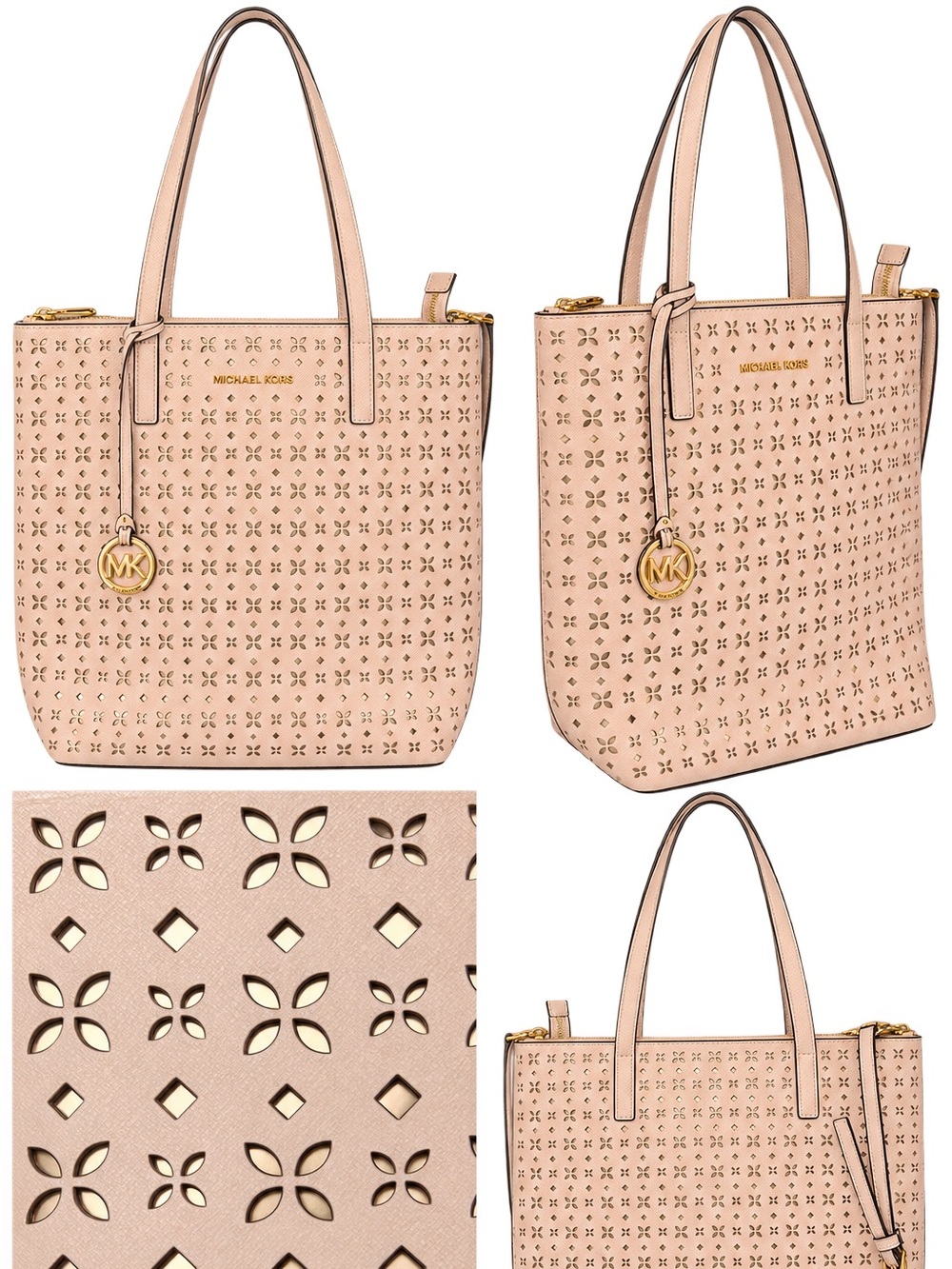 Michael Kors Large Blush Pink Laser Cut Floral Tote Bag Gold MK Charm